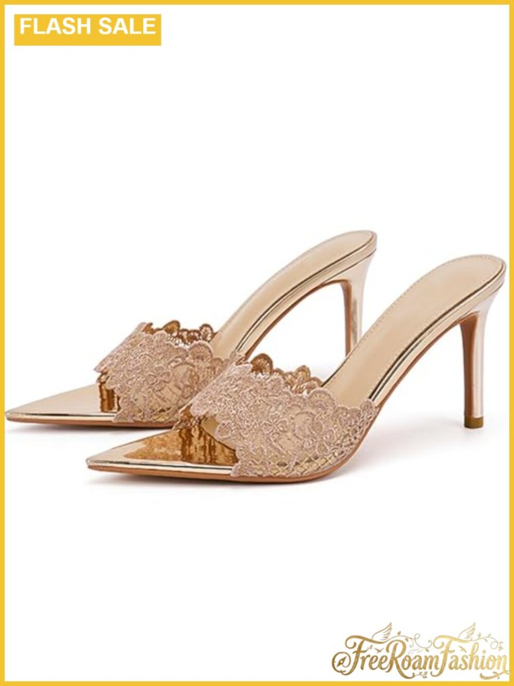 Women's Lace Mesh Pointed Toe Stiletto Heel Slide Sandals Slip On Party